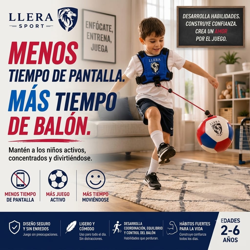 Llera Sport Balón de Fútbol Infantil con Arnés | Entrenador de Patadas Tamaño 2 para Niños de 2 a 6 Años | Kit Completo Ajustable | Juguete Educativo Activo | Regalo Original para Niños y Niñas