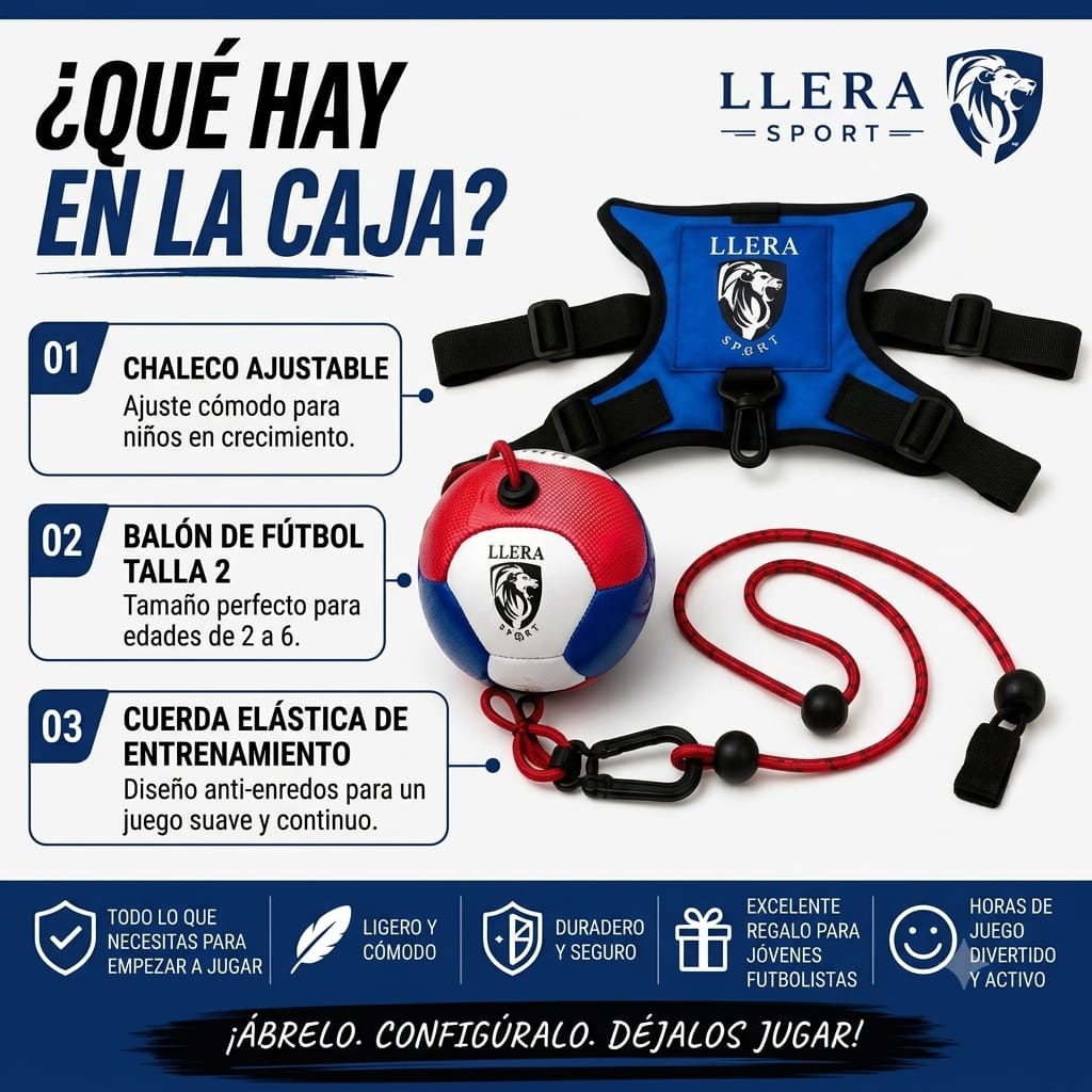Llera Sport Balón de Fútbol Infantil con Arnés | Entrenador de Patadas Tamaño 2 para Niños de 2 a 6 Años | Kit Completo Ajustable | Juguete Educativo Activo | Regalo Original para Niños y Niñas