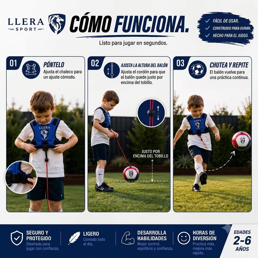 Llera Sport Balón de Fútbol Infantil con Arnés | Entrenador de Patadas Tamaño 2 para Niños de 2 a 6 Años | Kit Completo Ajustable | Juguete Educativo Activo | Regalo Original para Niños y Niñas