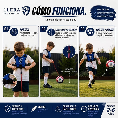 Llera Sport Balón de Fútbol Infantil con Arnés | Entrenador de Patadas Tamaño 2 para Niños de 2 a 6 Años | Kit Completo Ajustable | Juguete Educativo Activo | Regalo Original para Niños y Niñas