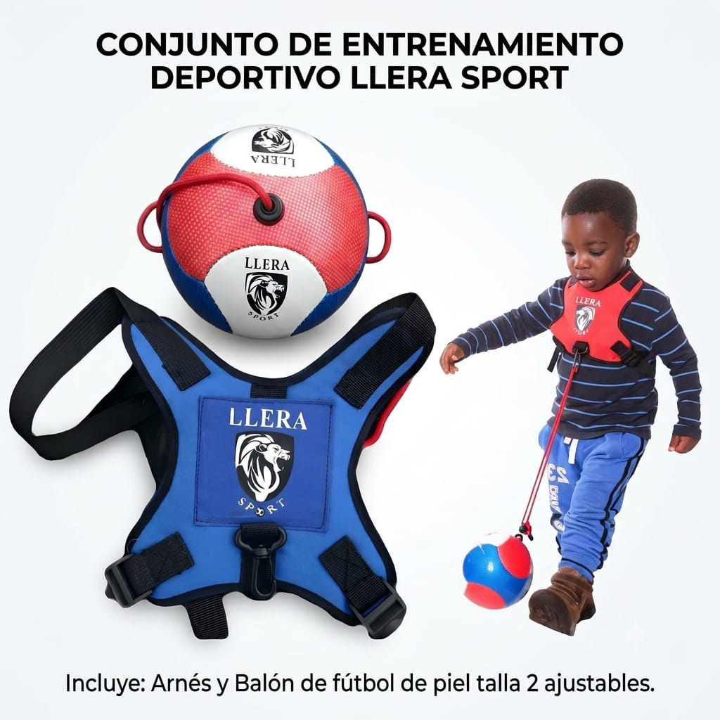 Llera Sport Balón de Fútbol Infantil con Arnés | Entrenador de Patadas Tamaño 2 para Niños de 2 a 6 Años | Kit Completo Ajustable | Juguete Educativo Activo | Regalo Original para Niños y Niñas