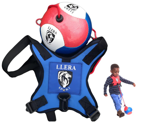 Arnés de fútbol infantil LLERA Sport en azul con balón rojo, blanco y azul, usado por un niño de 2 a 6 años para practicar remates de forma segura