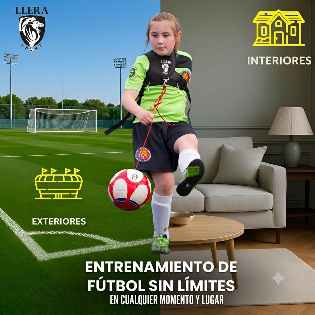 Niña entrenando control de fútbol dentro de casa en el salón con el arnés Llera Sport sin peligro