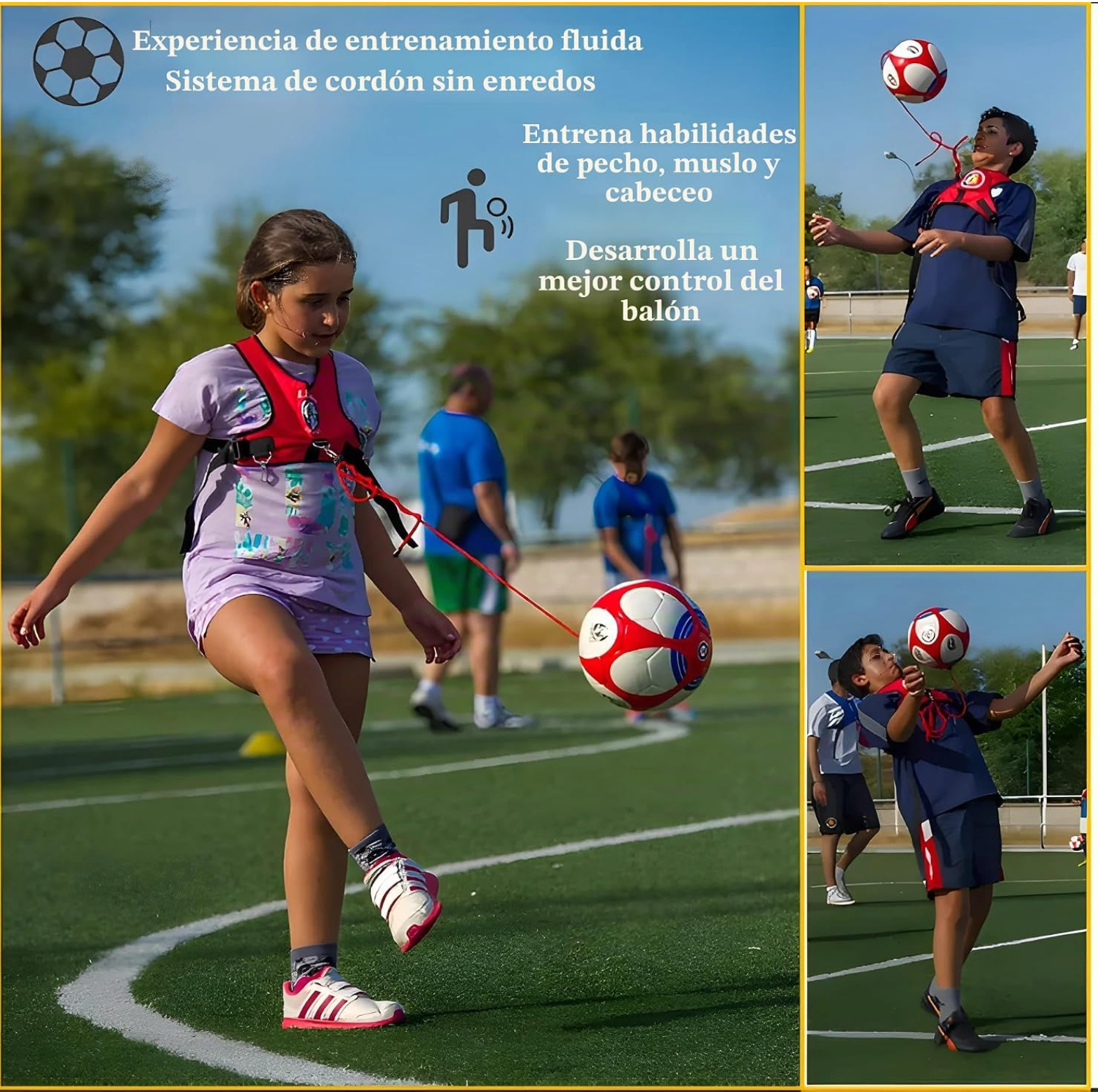 Niña usando el arnés de entrenamiento de fútbol LLERA Sport en rojo y negro, con collage de fotos mostrando equilibrio y remate del balón, y texto descriptivo de características del producto