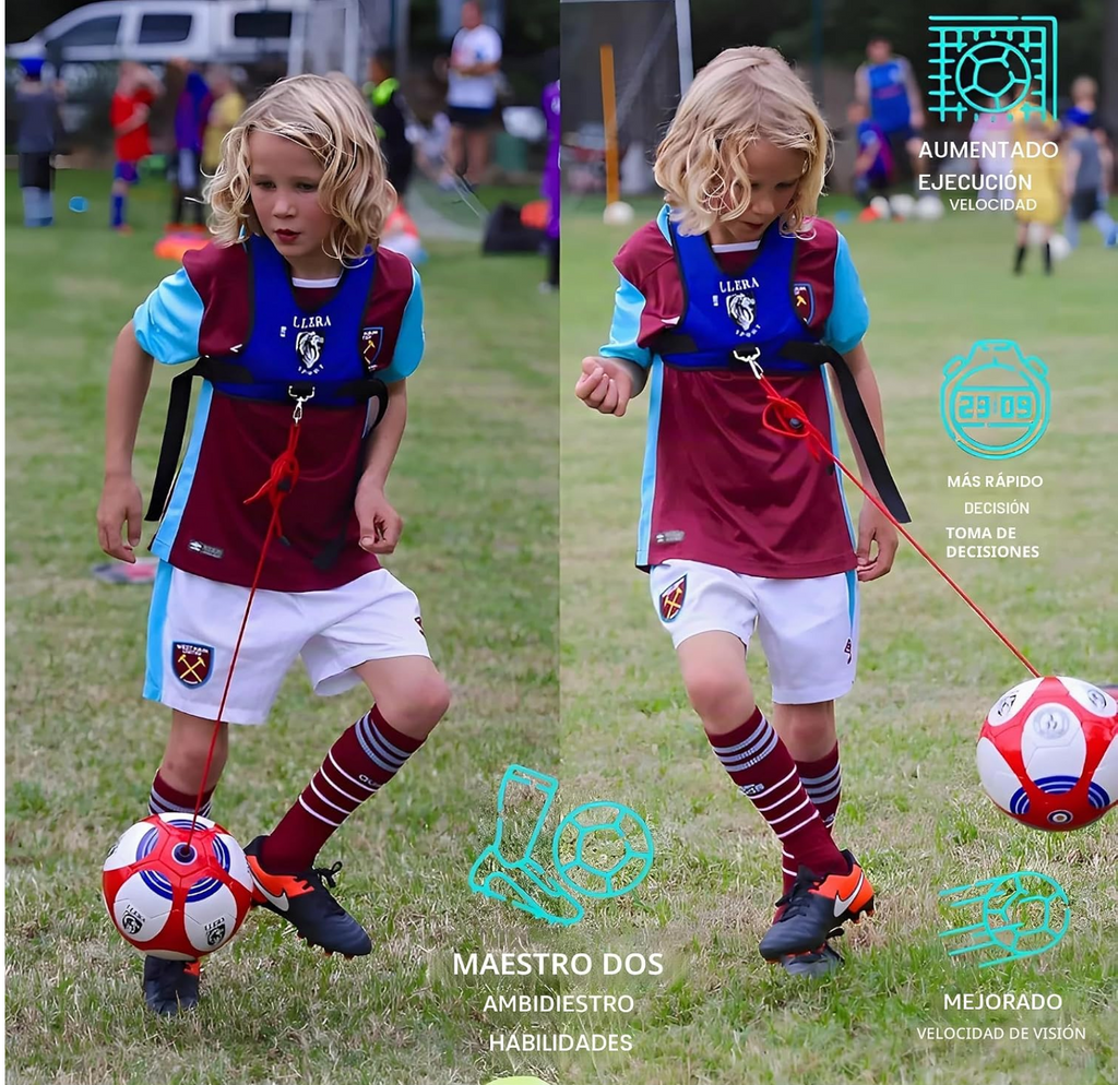 Niño usando el arnés de entrenamiento de fútbol LLERA Sport en color rojo al aire libre, con dos paneles destacando beneficios como mayor agilidad y velocidad