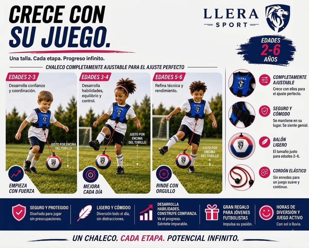 Chaleco ajustable LLERA Sport mostrado en tres etapas de edad (2-3, 3-4 y 5-6 años), con detalle del cordón elástico, balón ligero y ajuste del arnés