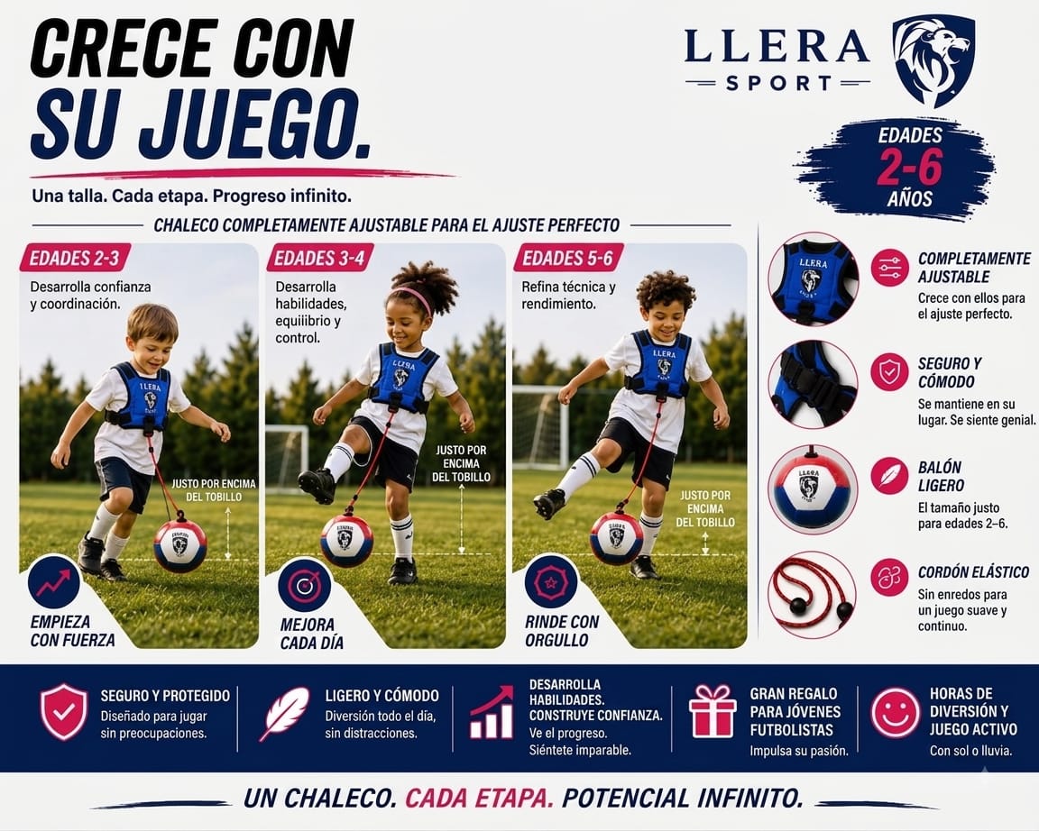 Chaleco ajustable LLERA Sport mostrado en tres etapas de edad (2-3, 3-4 y 5-6 años), con detalle del cordón elástico, balón ligero y ajuste del arnés