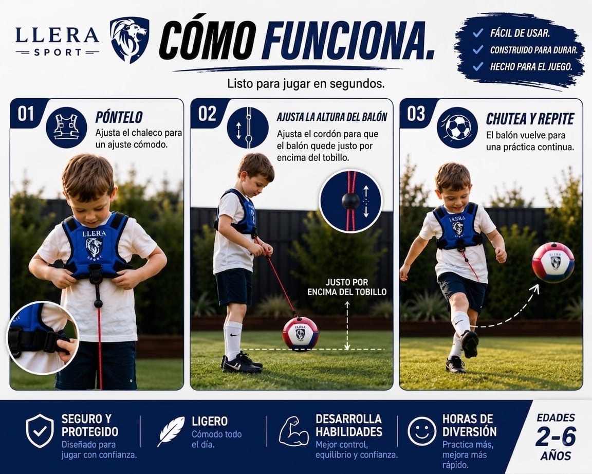 Guía en tres pasos de cómo usar el arnés de fútbol infantil LLERA Sport: ponerse el chaleco, ajustar la altura del balón y chutar
