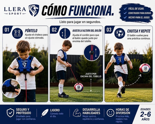 Guía en tres pasos de cómo usar el arnés de fútbol infantil LLERA Sport: ponerse el chaleco, ajustar la altura del balón y chutar