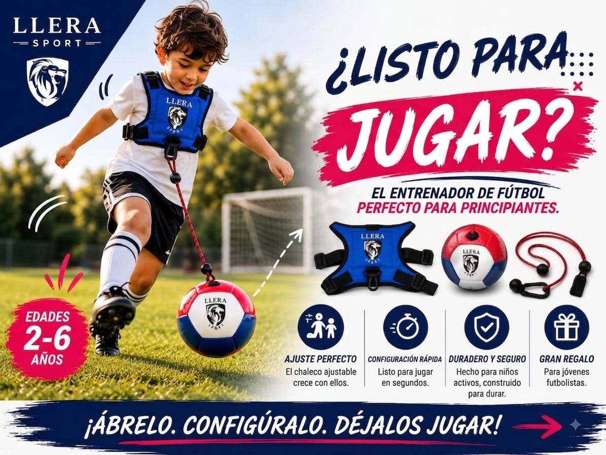 Niño usando el entrenador de fútbol LLERA Sport con chaleco, balón y cuerda, producto recomendado para niños de 2 a 6 años