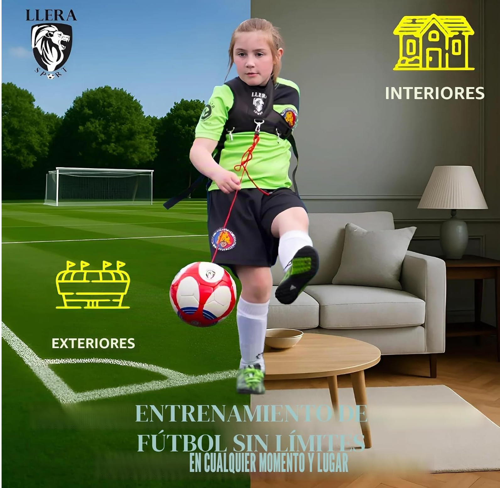 Niño con uniforme LLERA Sport entrenando fútbol al aire libre y en interior, promoviendo entrenamiento ilimitado en cualquier momento y lugar