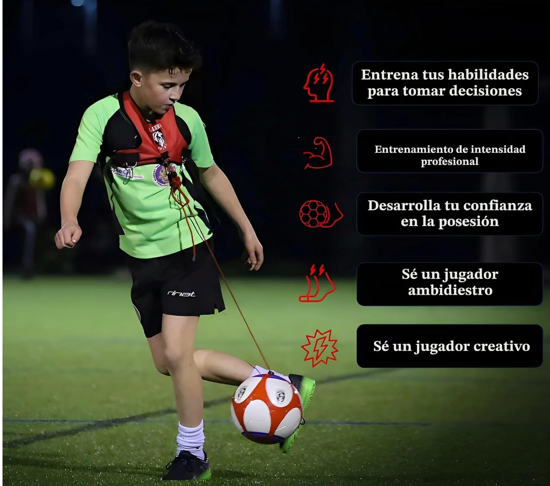 Niño entrenando fútbol de noche con el arnés LLERA Sport, junto a cinco recuadros con iconos y texto promocional destacando características del producto