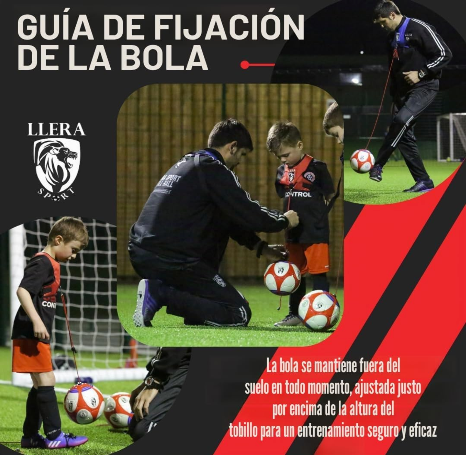 Guía de fijación de la bola LLERA Sport: entrenador ajustando el arnés a un niño, con instrucciones de uso seguro del equipo de entrenamiento