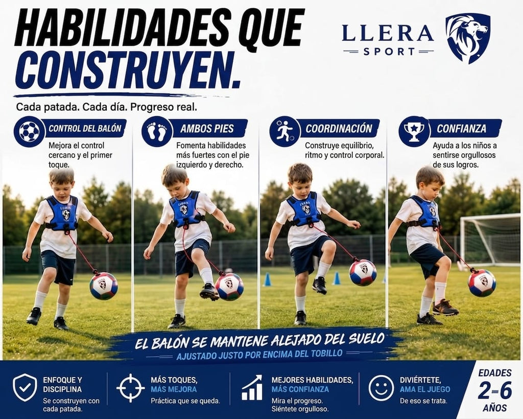 Niños entrenando con el arnés LLERA Sport, desarrollando control del balón, uso de ambos pies, coordinación y confianza