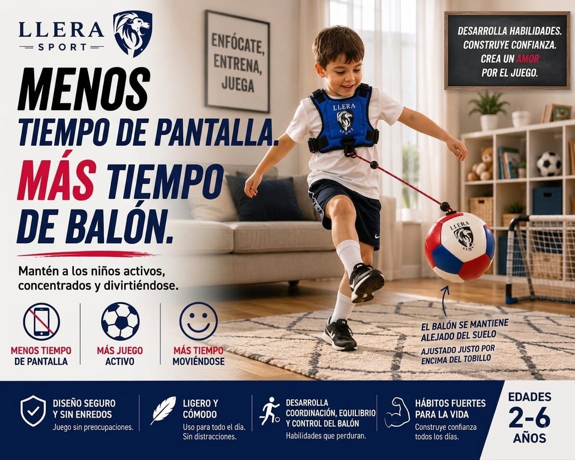 Niño jugando en casa con el arnés LLERA Sport, promoviendo menos tiempo de pantalla y más juego activo para niños de 2 a 6 años