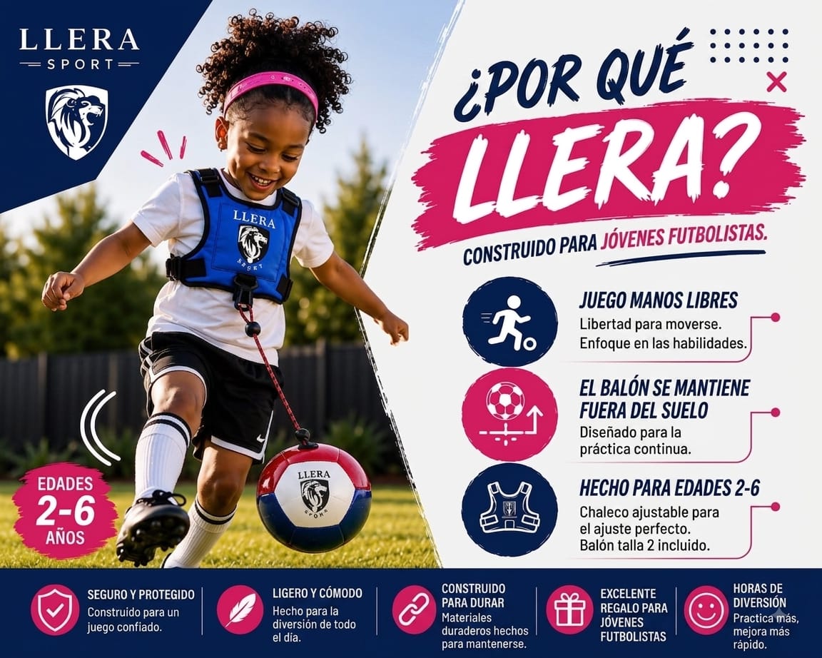 Niña jugando fútbol con el arnés LLERA Sport, destacando juego manos libres, balón que se mantiene fuera del suelo y diseño para edades 2 a 6 años