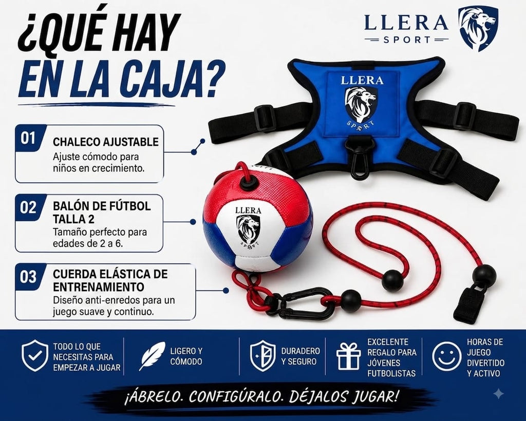 Contenido de la caja LLERA Sport: chaleco ajustable, balón de fútbol talla 2 y cuerda elástica de entrenamiento para niños de 2 a 6 años
