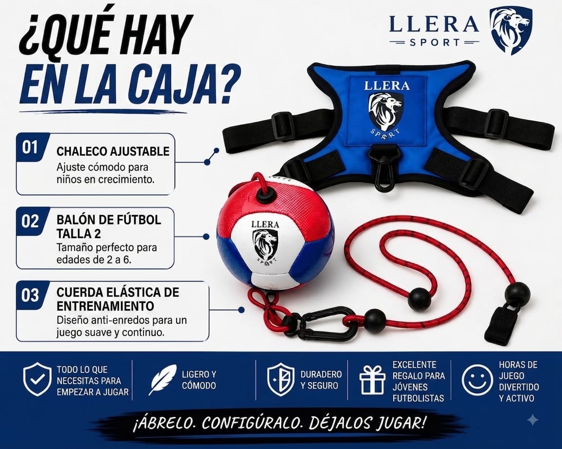 Contenido de la caja LLERA Sport: chaleco ajustable, balón de fútbol talla 2 y cuerda elástica de entrenamiento para niños de 2 a 6 años