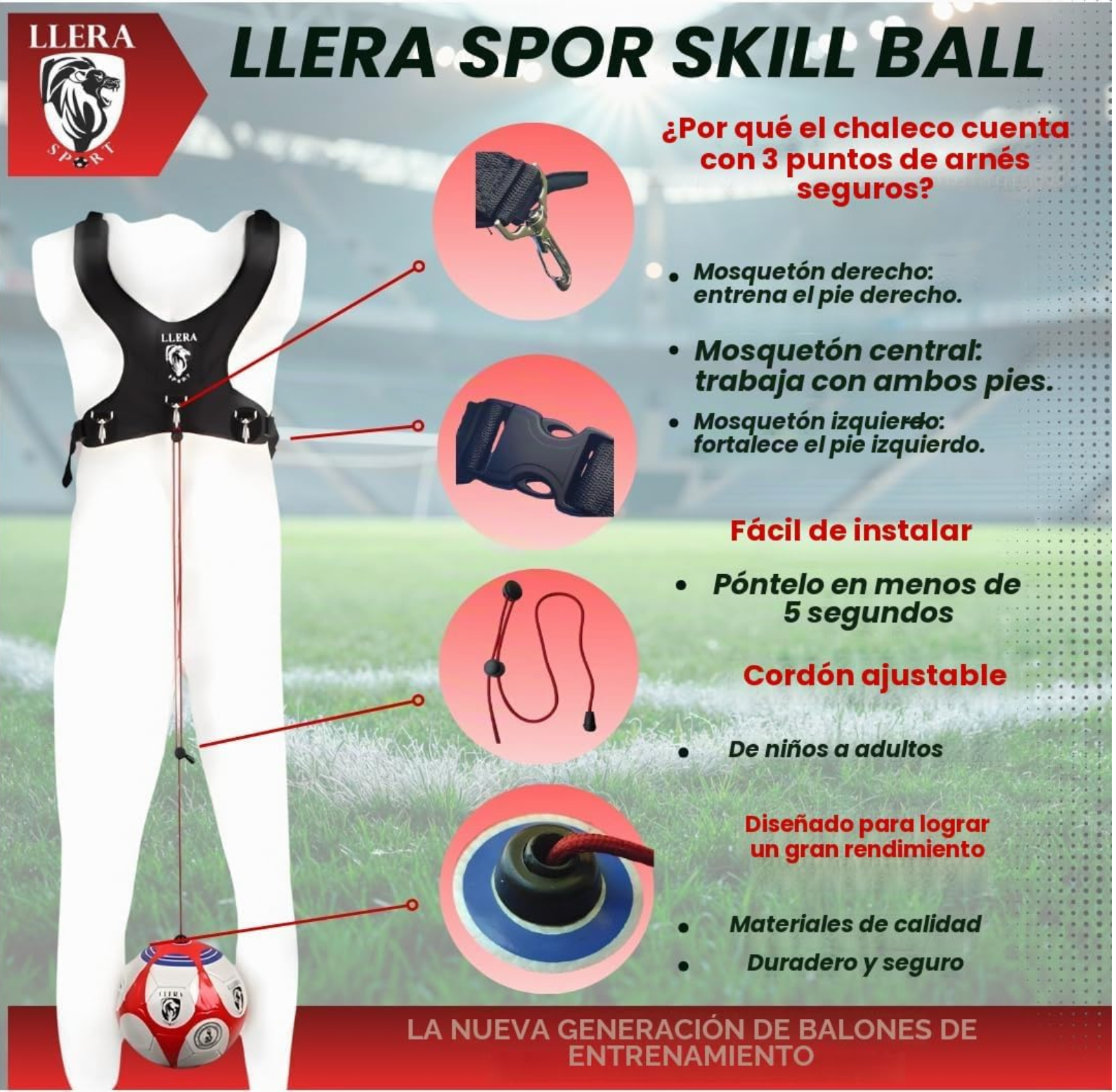 Infografía del arnés de entrenamiento de fútbol Llera Sport con balón, mostrando los 3 puntos de mosquetón ajustables, cordón elástico regulable e instalación en menos de 5 segundos, para niños y adultos.